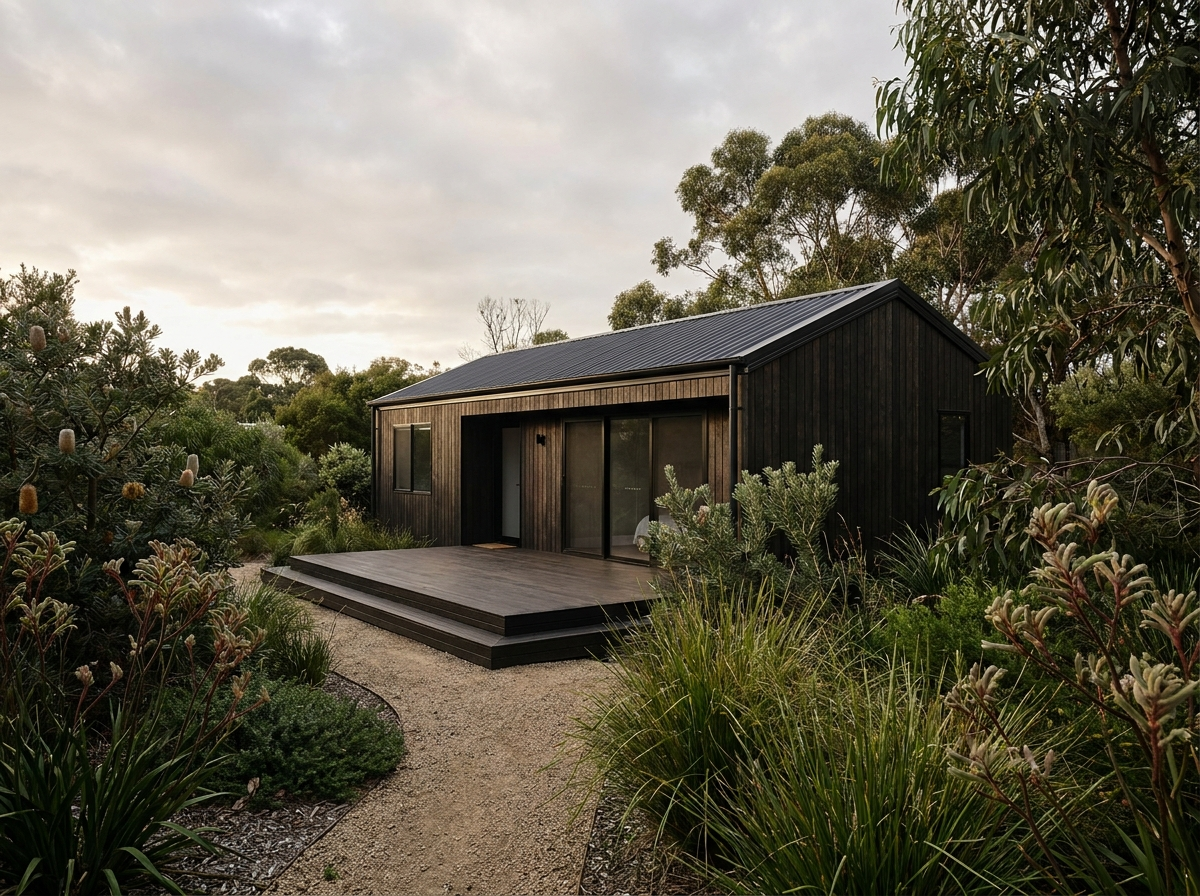 Completed modular build with deck among native grasses
