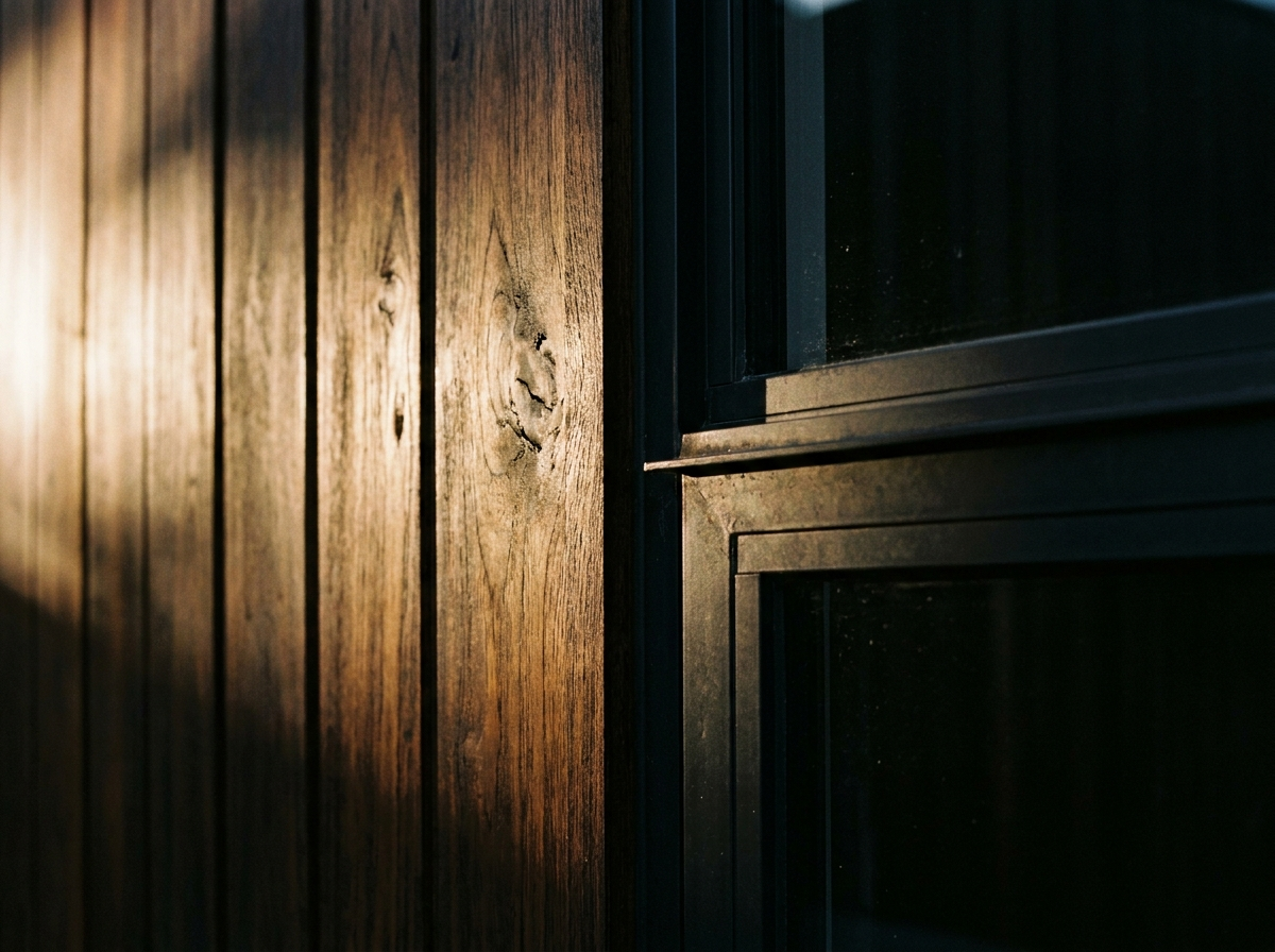 Detail of spotted-gum cladding meeting black steel window frame