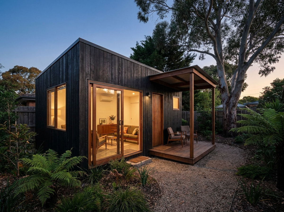 Compact modular granny flat in a backyard garden at evening