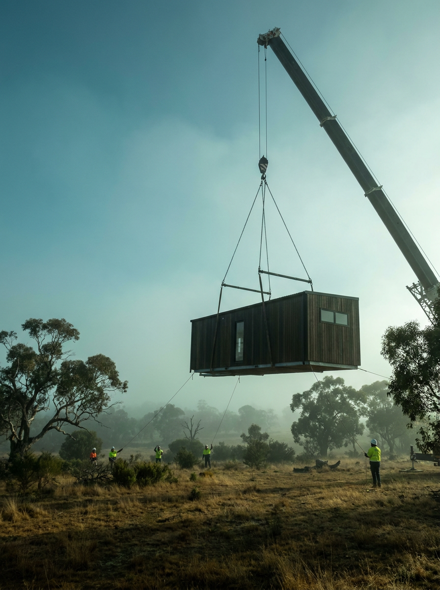 Modular home module being craned onto a rural block at dawn