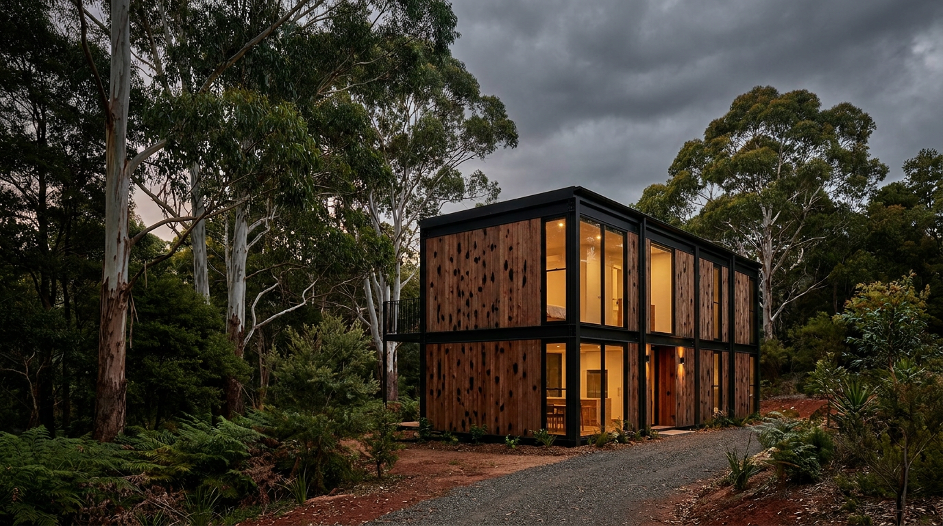 Modular home with dark timber cladding at dusk, surrounded by eucalyptus trees