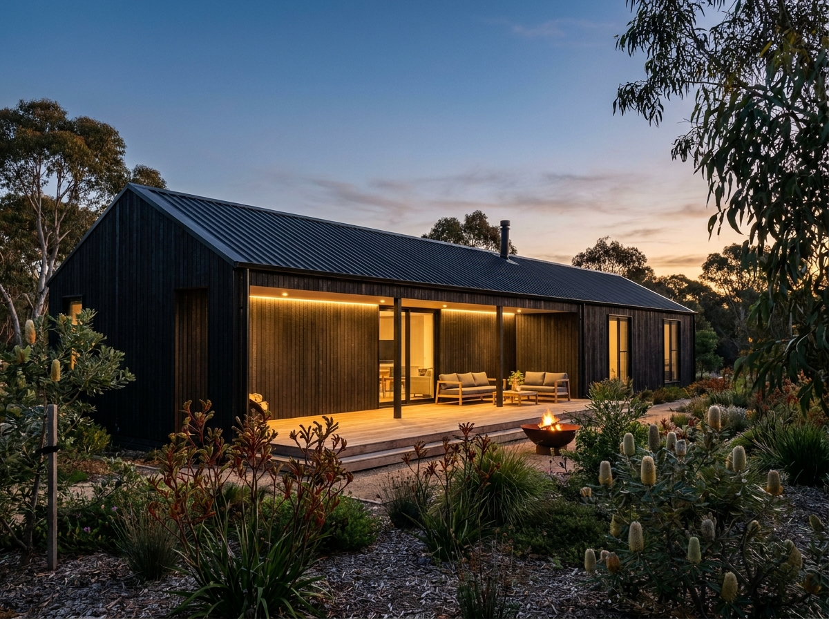 Single-storey modular family house with dark timber cladding