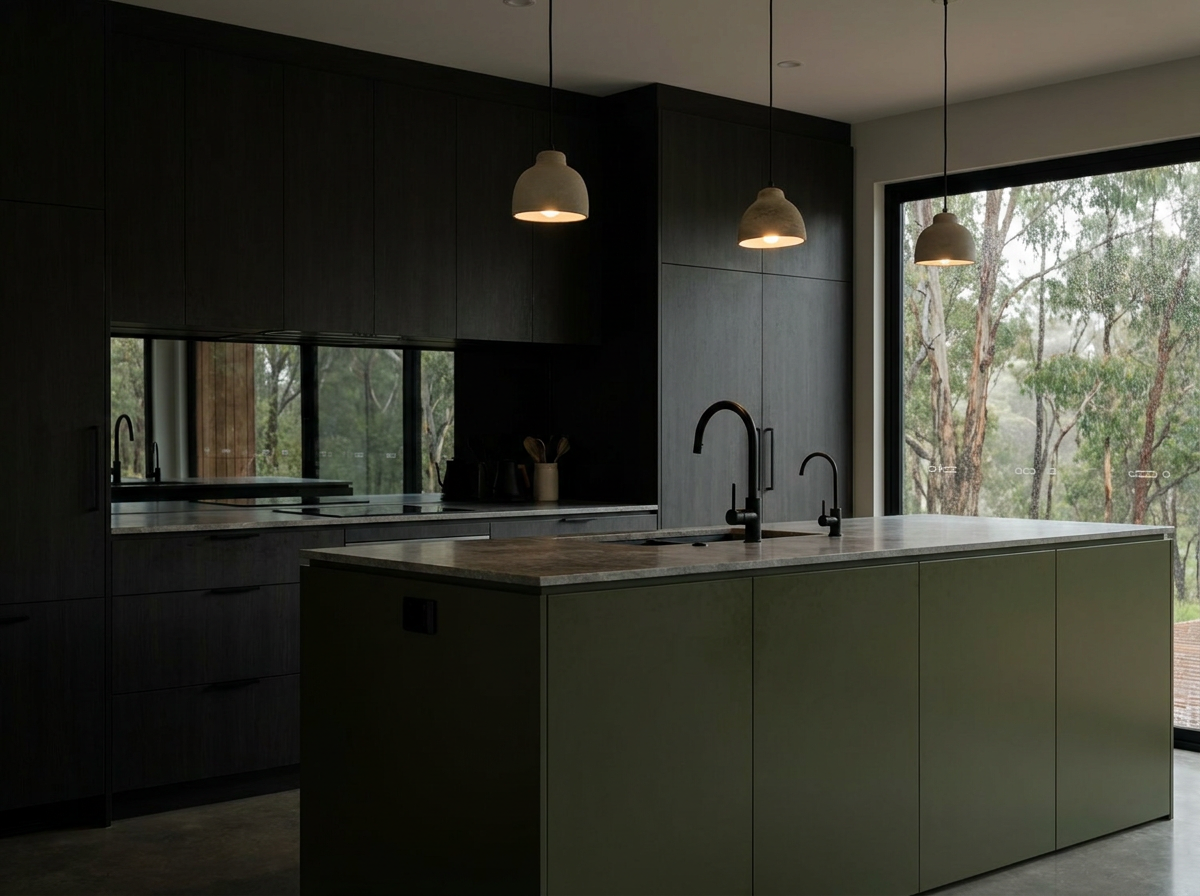 Modular home kitchen with dark timber cabinetry and olive-green island
