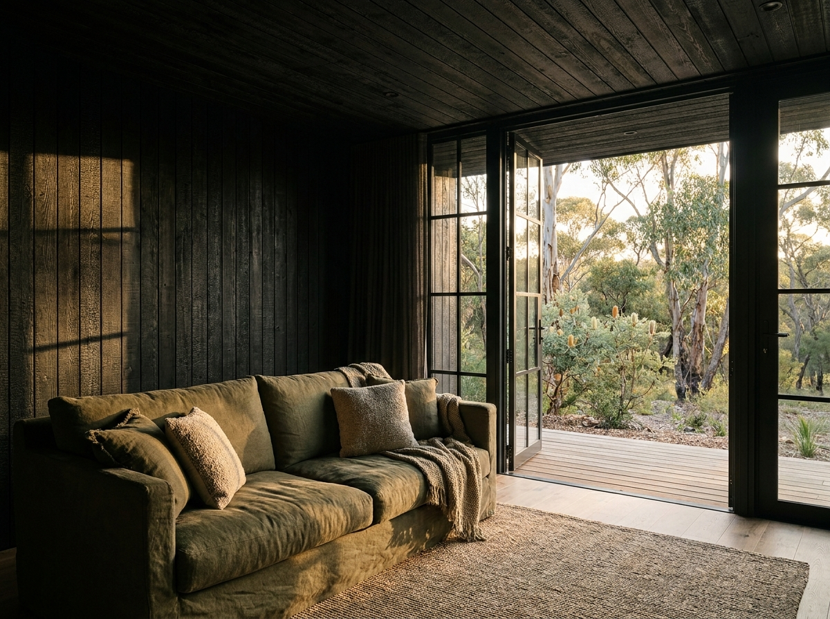 Living room with timber-lined walls and green sofa