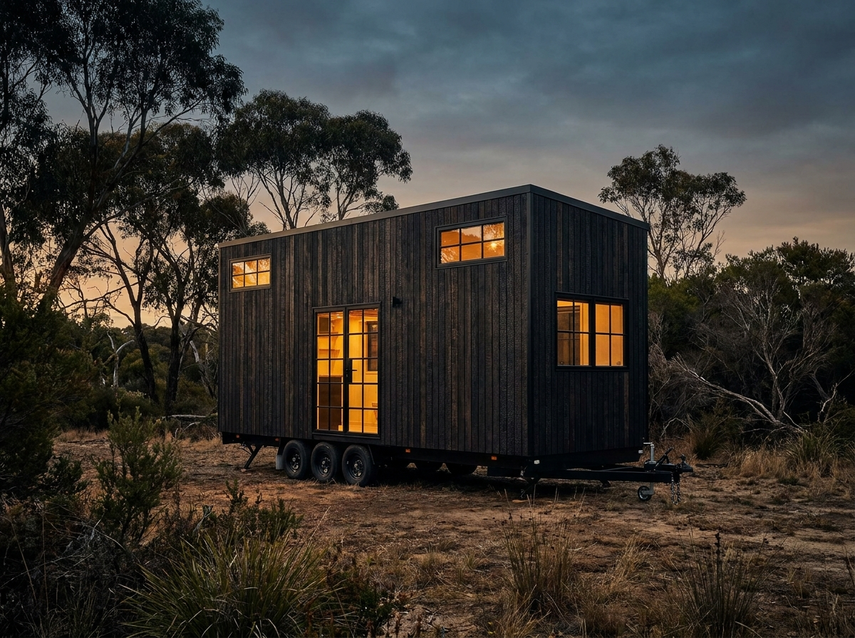 Tiny home on a trailer with dark timber cladding in a bush clearing at dusk